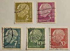 Germany 1954, President Theodor Heuss, 5 Used Values, #702-710 FAST SHIPPING!