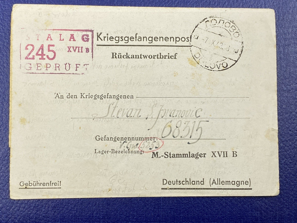 1943 F/L written by relatives sent to Serbian POW in Stalag 245, Dolovo, Serbia.