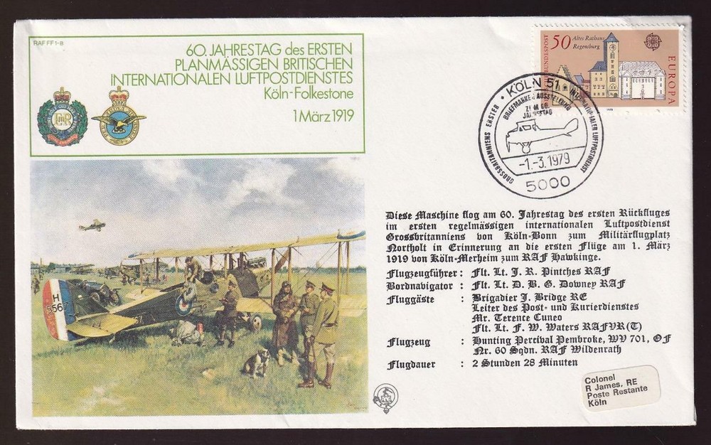 Germany 1979 event cover UK’s Intern’l Mail Service 60th, unique cachet-cancels