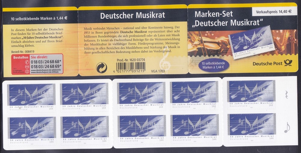Germany 2247Ab MNH 2003 Music Council 50th Anniversary Complete Booklet Scv $42.