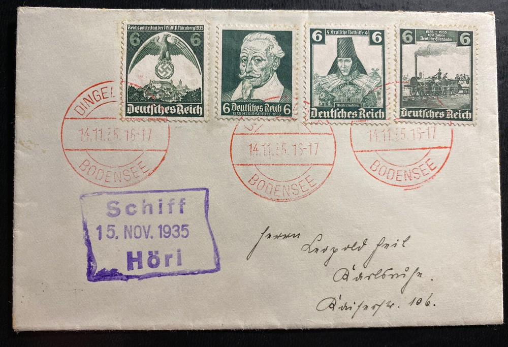 1935 Bodensee Germany Souvenir Cover Green Stamp Hori Ship Cancel