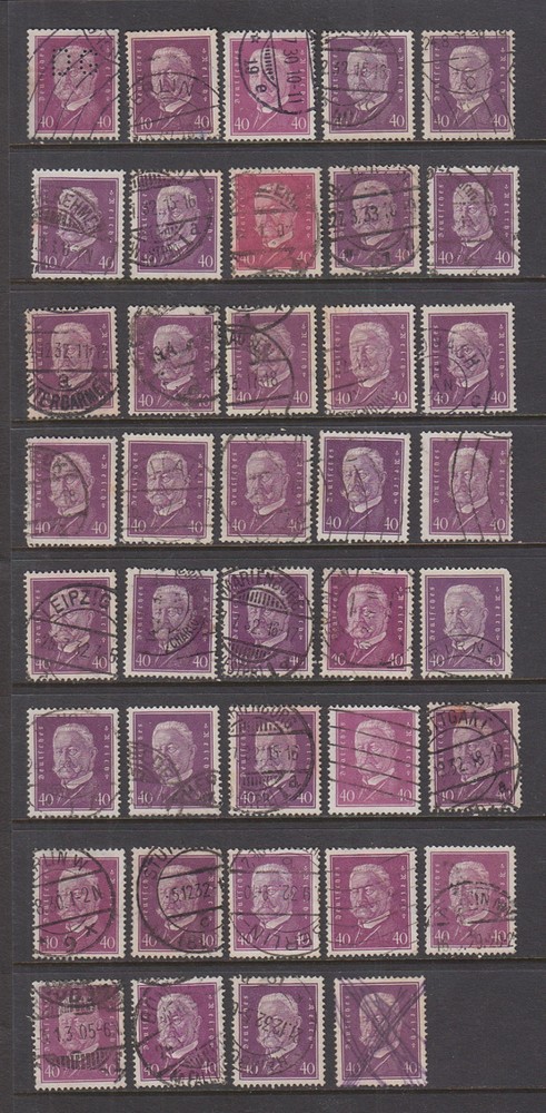 GERMANY #379 Used Lot of 39 Stamps. 1928, 40pf Violet Von Hindenberg SCV $35