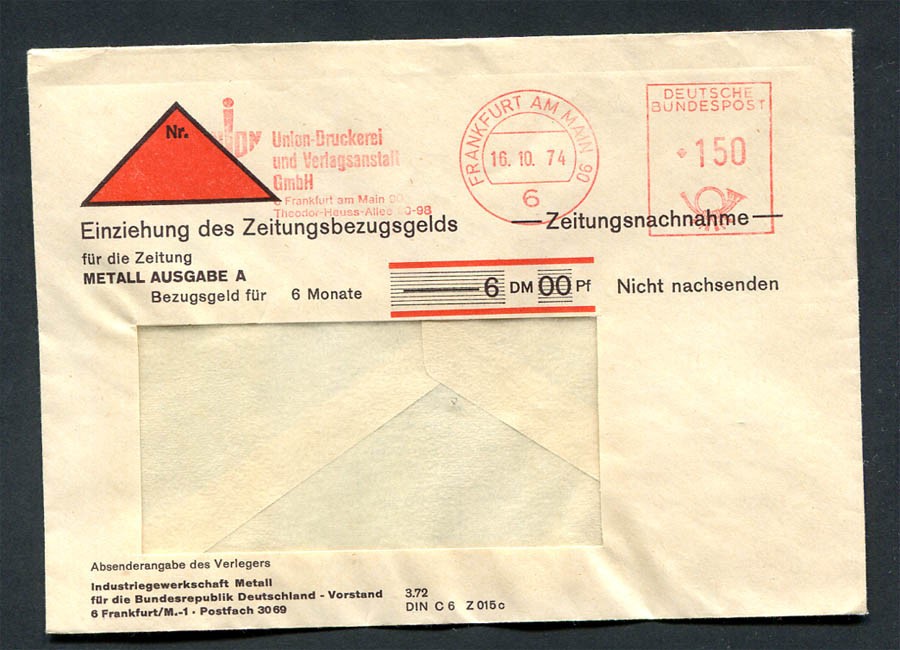 Germany – BRD : Postage due cover from Frankfurt (16.10.74) – machine franking