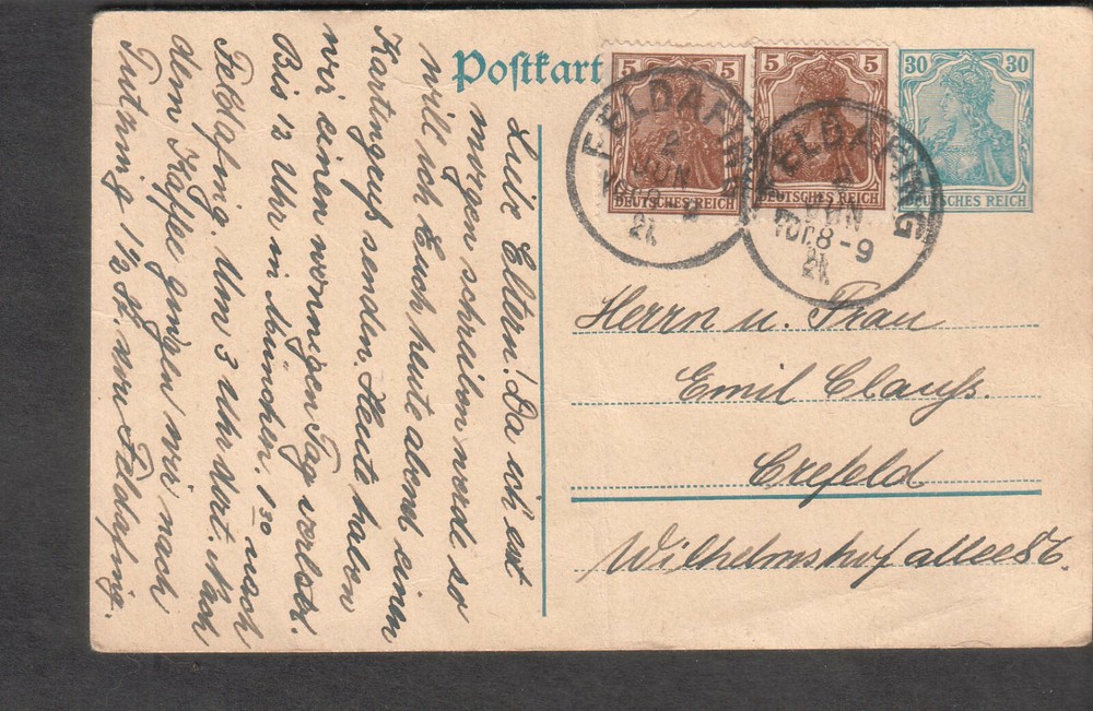Germany 1921 inflation postal card uprated Feldafing to Crefeld
