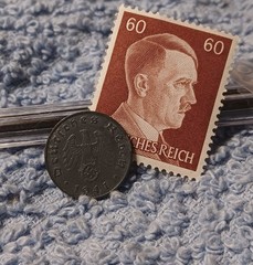 1941 German penny ~ 1 Pfenning ~ km#97 , WW2 Germany ~ + 60 pf. Stamp