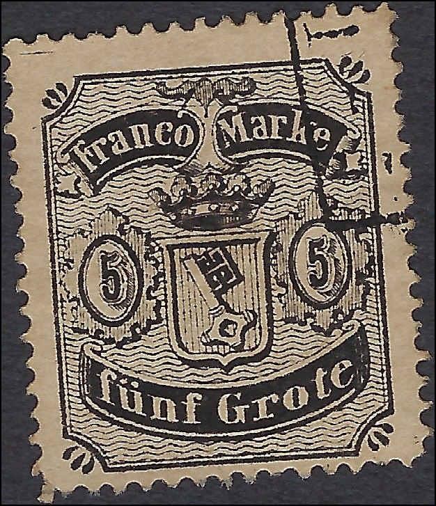 Apparent Forgery of c1866 Bremen, Germany 5gr – Sc# 12 – Used – Perf 12.5