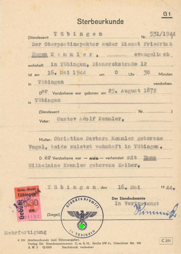 Germany Nazi era document local revenue Tübingen 1944 fiscal