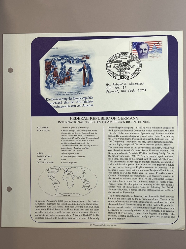 1976 International Tributes to America’s Bicentennial Historical Germany Cover