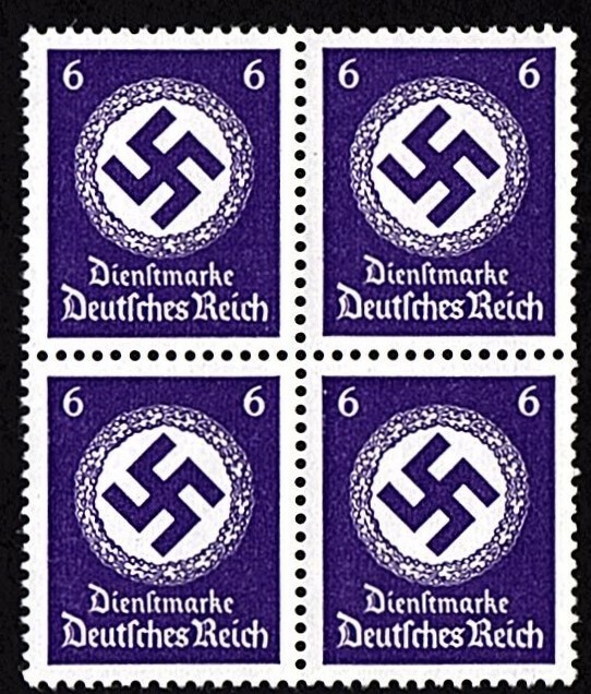 WWII GERMAN 1942 OFFICIAL NSDAP NAZI GERMANY 4 BLOCK 6 PF SWASTIKA STAMPS