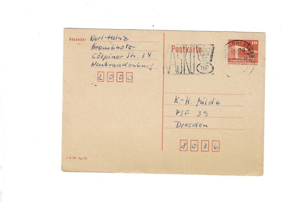 GERMANY (DDR) 1989 Post Card with Slogan Cancel sent from Brandenburg to Dresden