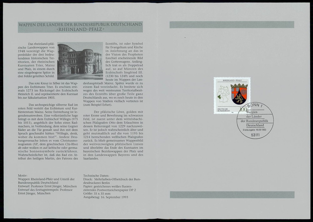 GERMANY FOLDER 1993/39 WAPPEN BLAZON RHEINLAND-PFALZ LÖWE TRIER PORTA NIGRA