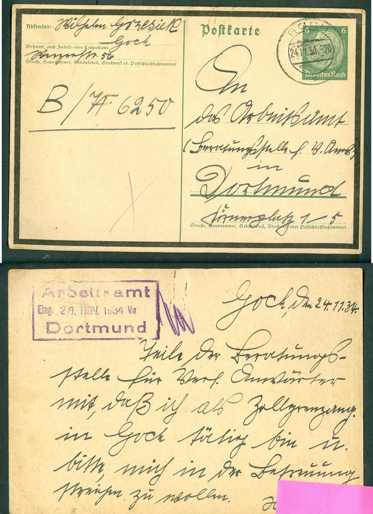 Germany. 1934 Mourning Stationery Card. Goch. Hindenburg 6 Pf. Adr: Dortmund