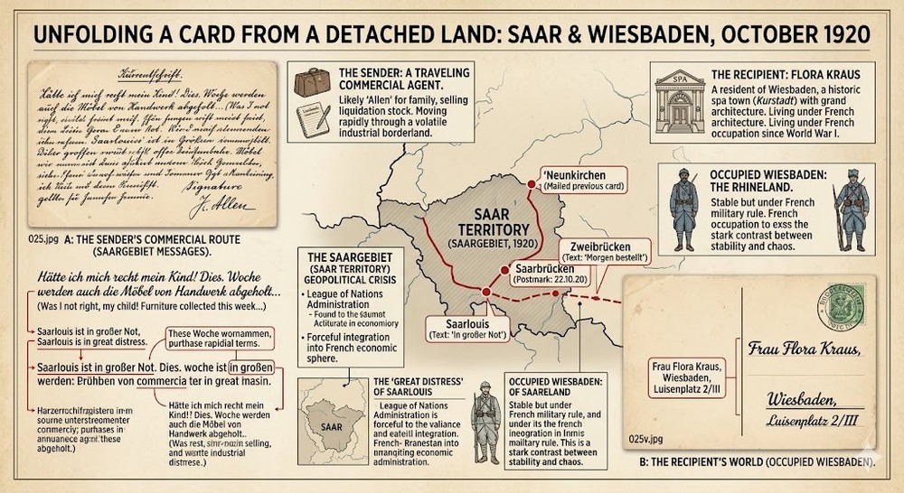 1920 Saar Territory Overprint 10c on Germania Postcard Saarbrücken to Wiesbaden