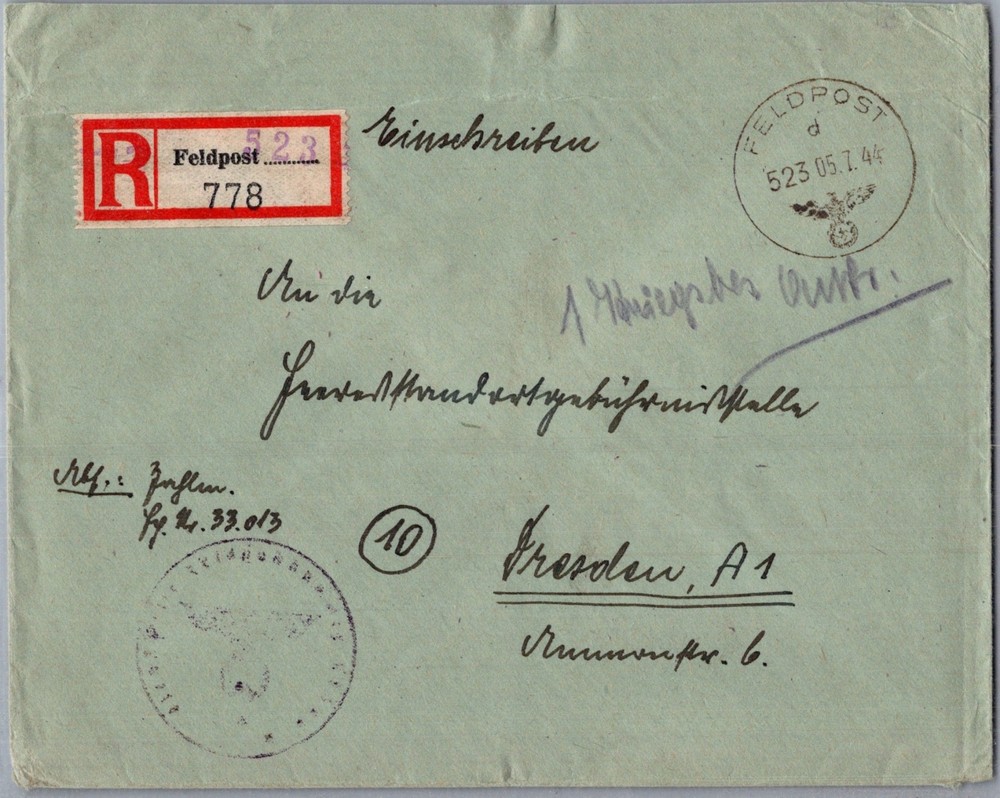 GERMANY 1944 WWII POSTAL HISTORY REGISTERED FIELDPOST COVER ADDR DRESDEN