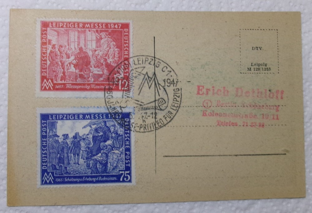 LEIPZIGER MESSE Event Postcard Leipzig Hbf, Fair 1947 with Mi. No. 965, 966