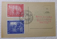 LEIPZIGER MESSE Event Postcard Leipzig Hbf, Fair 1947 with Mi. No. 965, 966