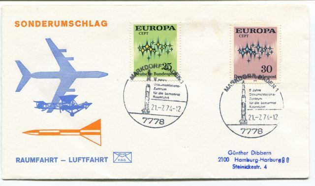 1974 Sonderumschlag Raumfahrt Luftfahrt Europa Cept Deutsche Bundespost SPACE