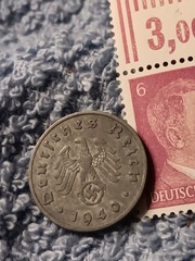 1940 German 10 Pfenning ~ km#101 , WW2 Germany ~ + 6pf. Stamp, Has Flaws