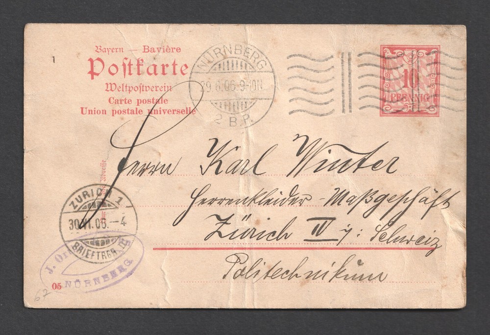 Germany Bavaria Postal Stationery Postcard Nurnberg Machine Cancel Switzerland