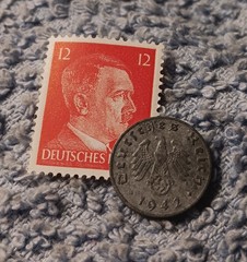 1942 German penny ~ 1 Pfenning ~ km#97 , WW2 Germany ~ + Red 12pf. Stamp