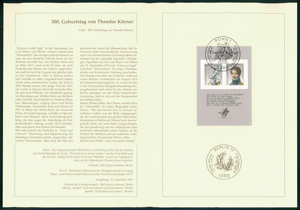 GERMANY FOLDER 1991/37 THEODOR KÖRNER FREIHEITSKÄMPFER