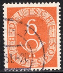 Germany Stamp Scott #673, 6pf, Numeral & Post Horn, Orange, Used, SCV$2.60