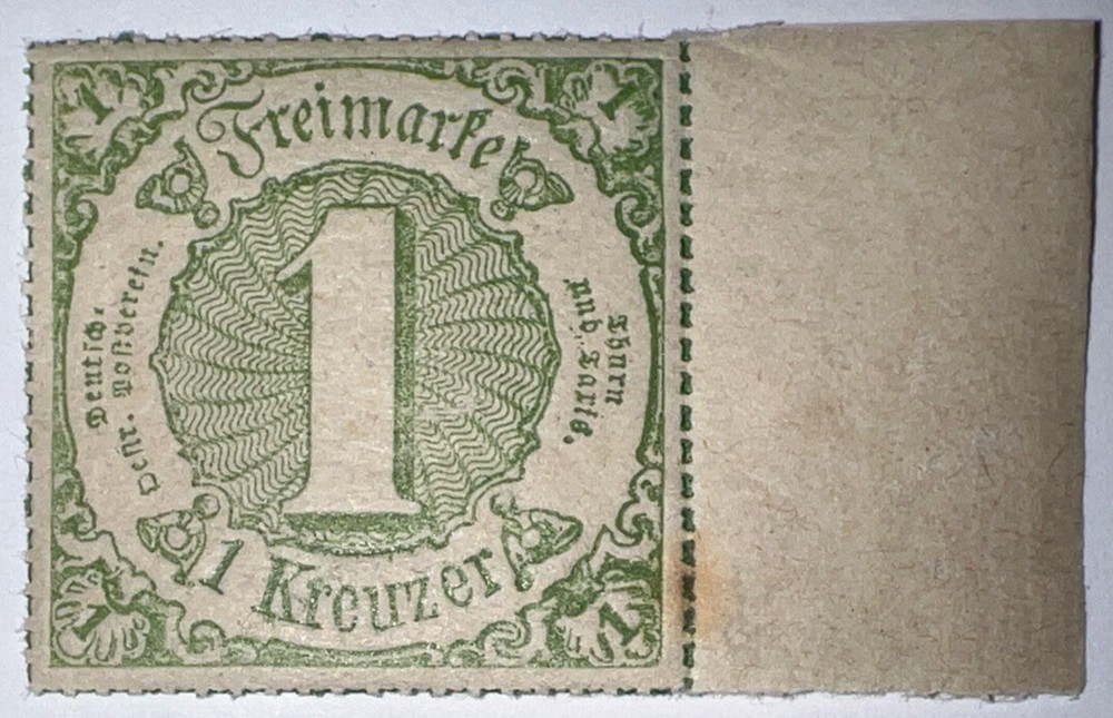 TRAVELSTAMPS: 1859 THURN AND TAXIS, 1 KREUZER, MINT ORIGINAL GUM NH