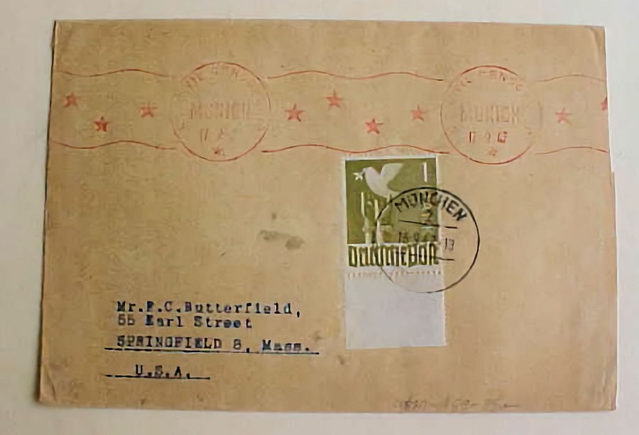 GERMAN PEACE DOVE 1M CENSORED RUSSIAN TO USA MUNCHEN 6-9-47