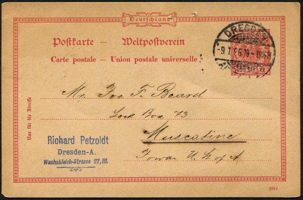 Germany Dresden to Muscatine US Philatelic Magazine 1896 Stationery Card Postage