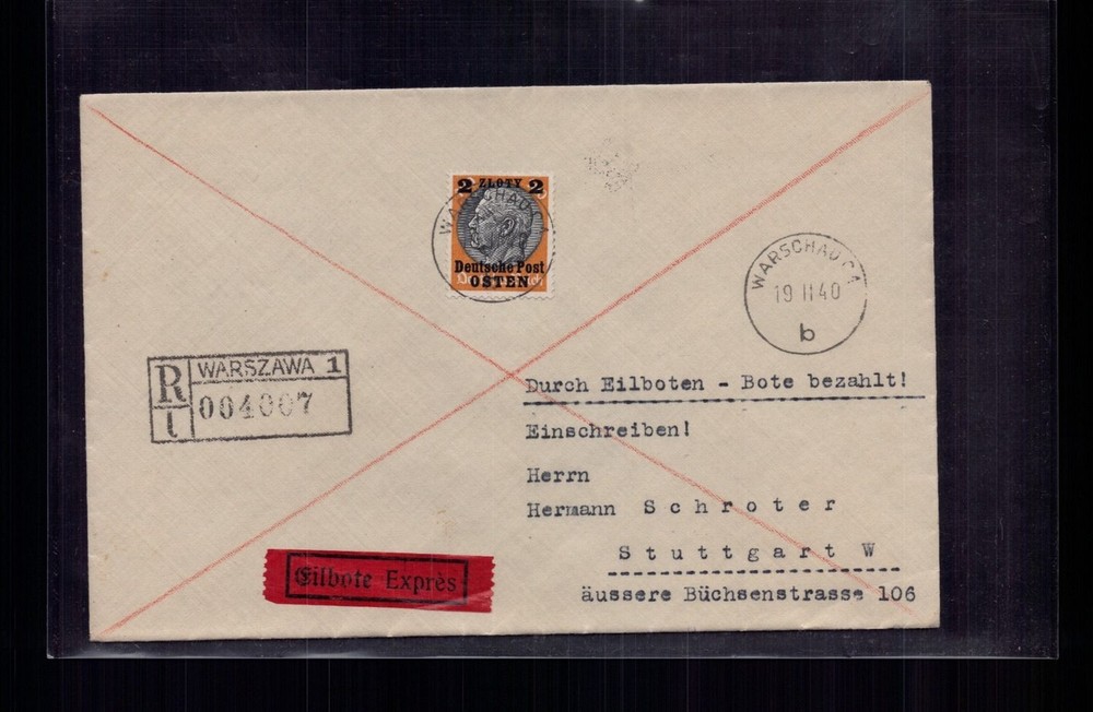 General Government EF R registered mail Warszawa / Warsaw to Stuttgart 1940