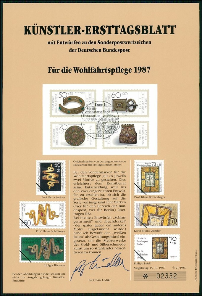 GERMANY ART-SHEET 1987/21 ART GOLD SILVER JUWELERY SNAKE UNISSUED DESIGNS!!