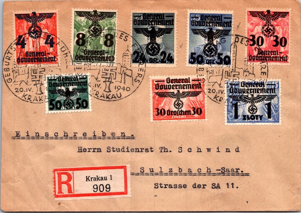 GERMANY 1940 WW2 POLAND OCCUP REG COVER MULT FRANK ADDR SULZBACH POSTMARK KRAKAU