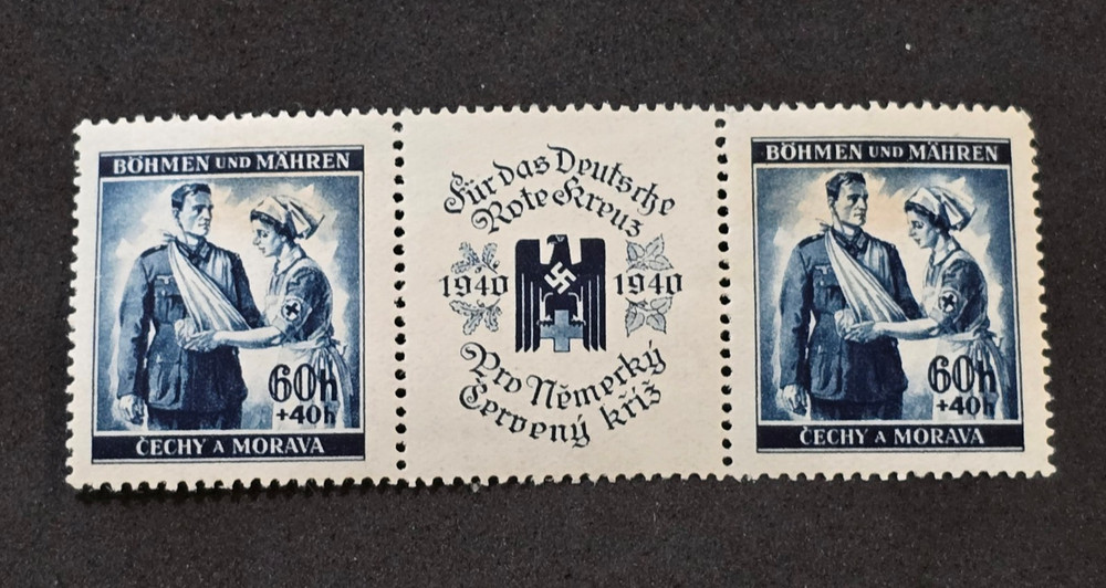 WW2 Nazi German Third Reich DRK Red Cross Czech Occupation Stamps Pair w Eagle