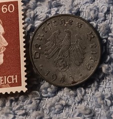 1943 German 10 Pfenning ~ km#101 , WW2 Germany ~ + 60pf. Stamp