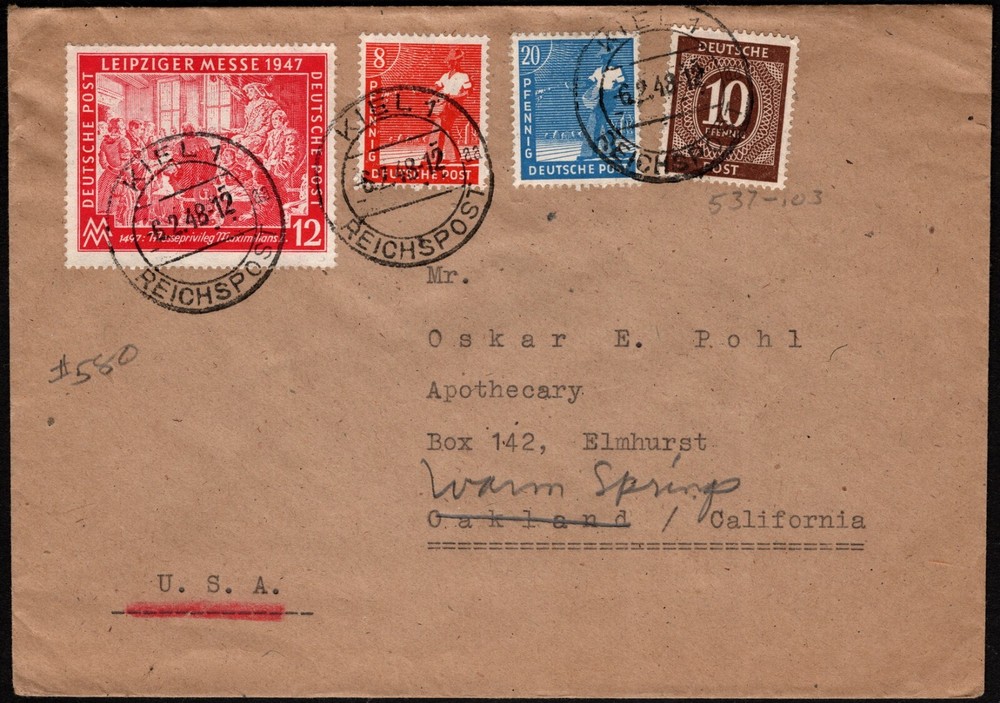 Germany – 1948 -Keil to Oakland / Ocean Springs Cal. Cover Multi-Color Franking