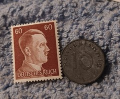 1943 German 10 Pfenning ~ km#101 , WW2 Germany ~ + 60pf. Stamp