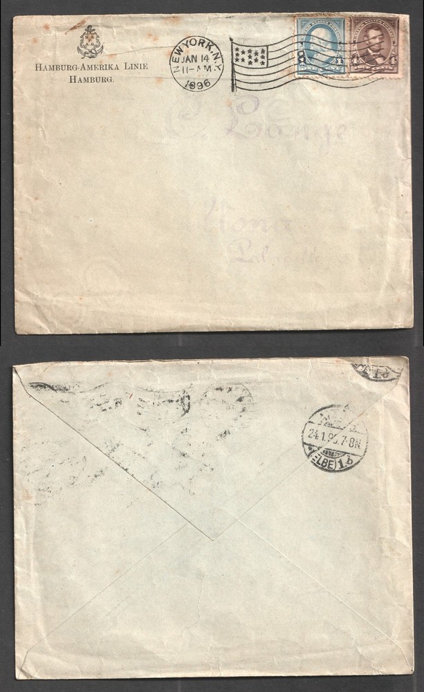 1896 USA Shipping Hamburg Amerika Line Cover. Flag Machine Cancel NY to Germany
