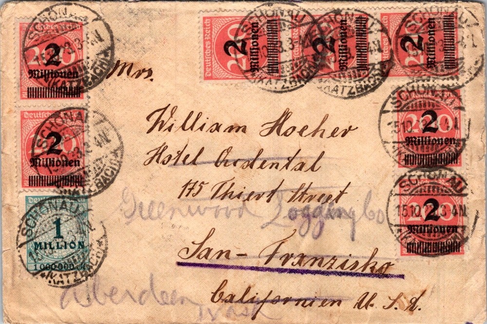 GERMANY 1923 POSTAL HISTORY INFLATION COVER MULT FRANK ADDR USA POSTMARK SCHONAU