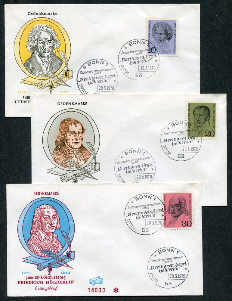 GERMANY 1970, CELEBRITIES: BEETHOVEN, HEGEL, HOLDERLIN. Sc 1014-1016 – 3 F.D.C.‘