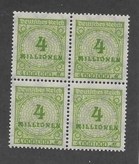 MNH block Overprint Blue-green 4 Million Scott #284 Weimar German Republic 1923