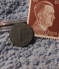 1941 German penny ~ 1 Pfenning ~ km#97 , WW2 Germany ~ + 60 pf. Stamp