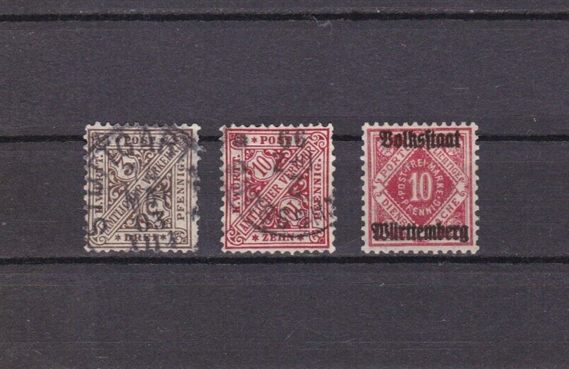 Wurttemberg Stamps 1875-1920, 1919-1923 (2 used, 1 unused H) Incl Overprint