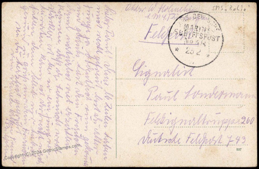 Germany WWI Navy SMS Thueringen MSP48 Feldpost Cover SMS Ostfreisland PC 75740