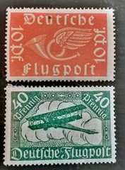 German Airmail stamps C1 10pf Post Horn & C2 40 pf Biplane Mint/Hinged