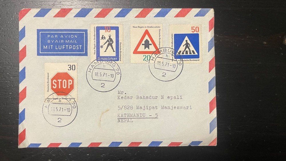 Germany 1971 Airmail Cover to Nepal – Traffic Signs Stamps Set on Air Mail Envel