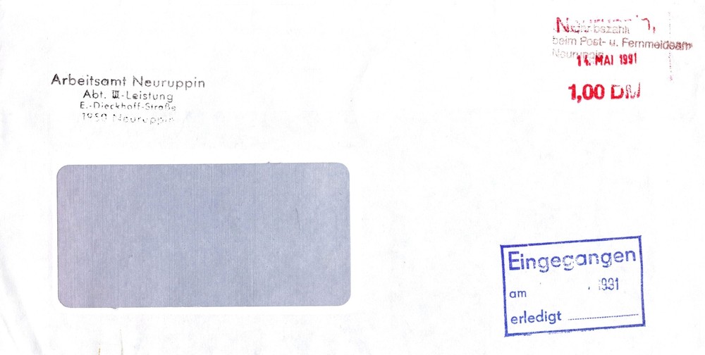 Fee Paid Receipt With Red Stamp „Neuruppin / 14th May 1991 / 1.00 DM“, GK