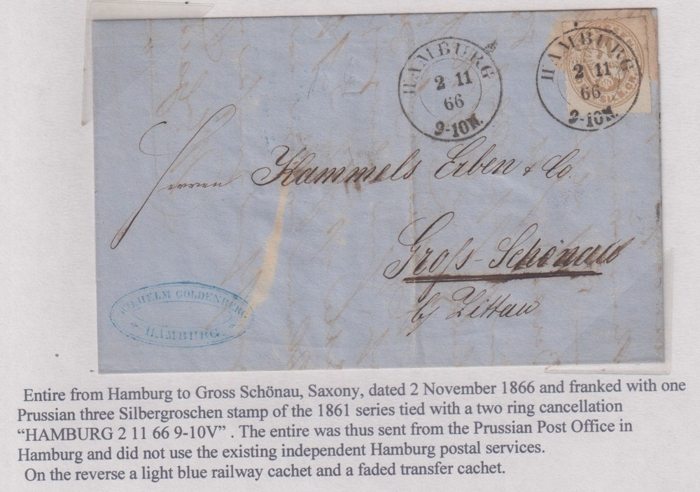 German States/PREUSSEN 1866 folded letter Hamburg to Gross Schönau