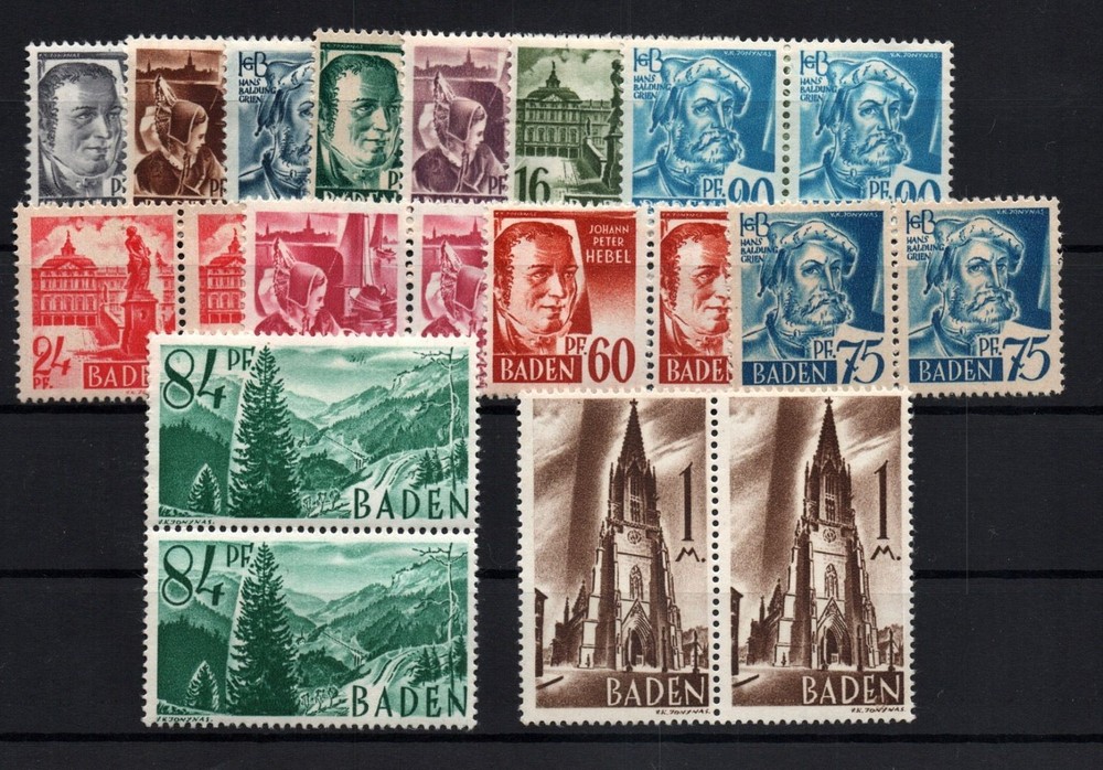 All. French occupation. Zone Baden Michel Nos. 1-13 pairs mint never hinged