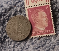 1940 German 10 Pfenning ~ km#101 , WW2 Germany ~ + 6pf. Stamp, Has Flaws