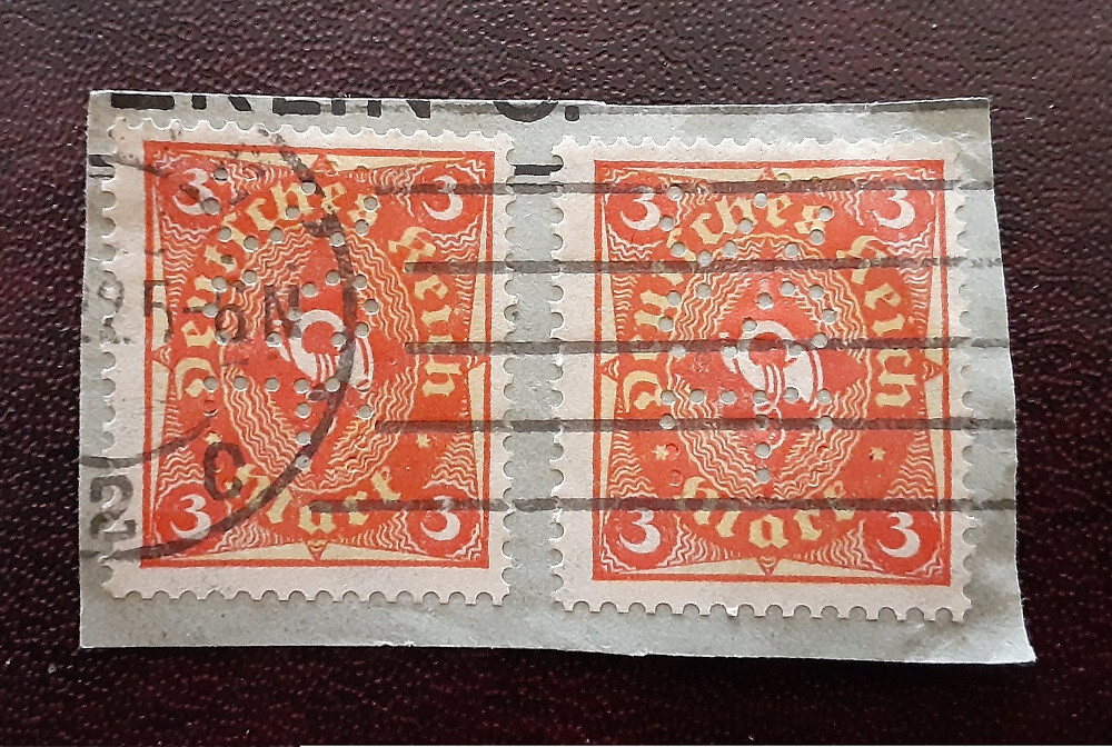 GERMANY Reich 1921 3Mk On Piece Posthorn Perfins 2653